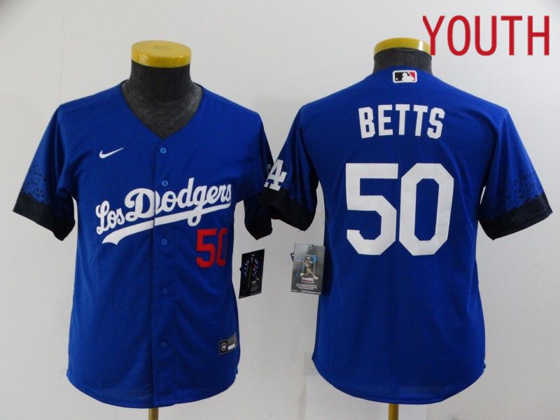 Youth Los Angeles Dodgers 50 Betts Blue City Edition Nike 2021 MLB Jersey